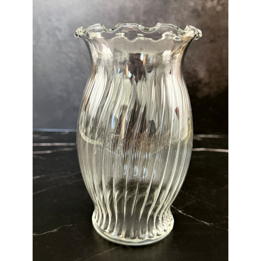 Vintage Clear Indiana Glass Vase Optic Swirl Ruffled Edge 6.5in
